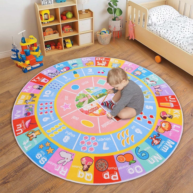 OHDS Kids Rugs for Playroom - Soft & Non-Slip 4x4 Feet Round Educational Rug for Learning ABC Alphabet, Numbers, Shapes & Map, Washable Classroom Rug for Toddler Nursery & Kids Room Decor - Image 1